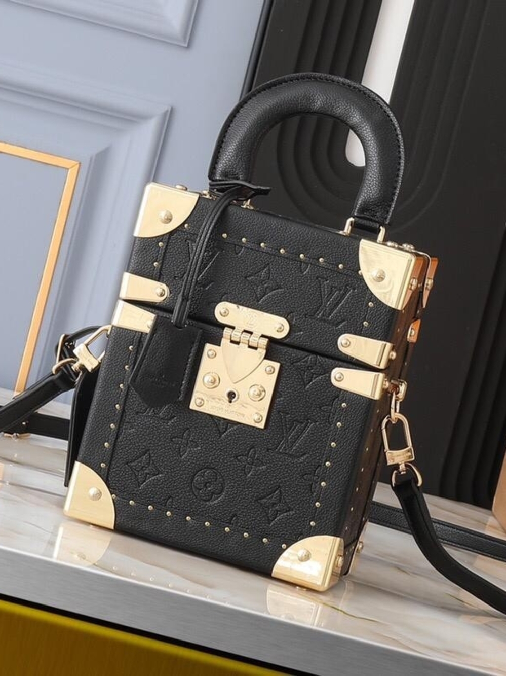Louis Vuitton Black Mini Trunk Bag with Gold Hardware